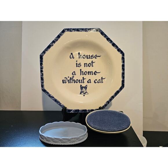 Lot Slab work wall hanging cat plate with Avon cat sleeping in basket lint brush - Picture 5 of 5